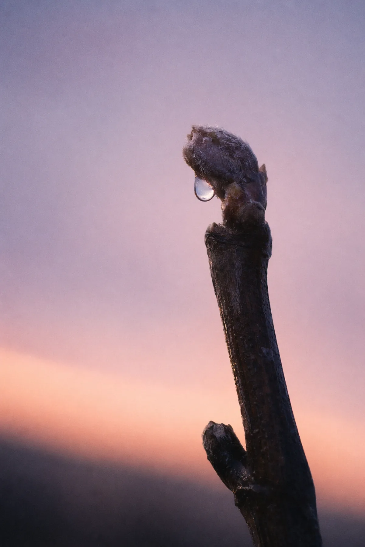 A young marselan cane at sunrise, frost still on the bud