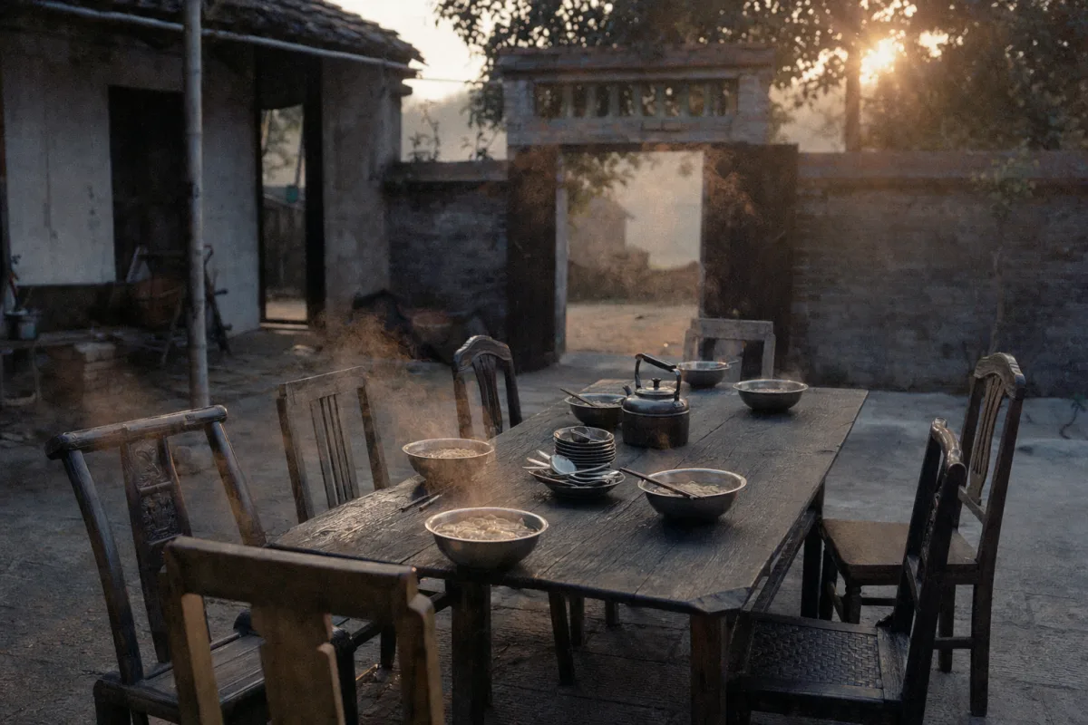 A courtyard table at 6am with bowls of steaming noodle soup after harvest