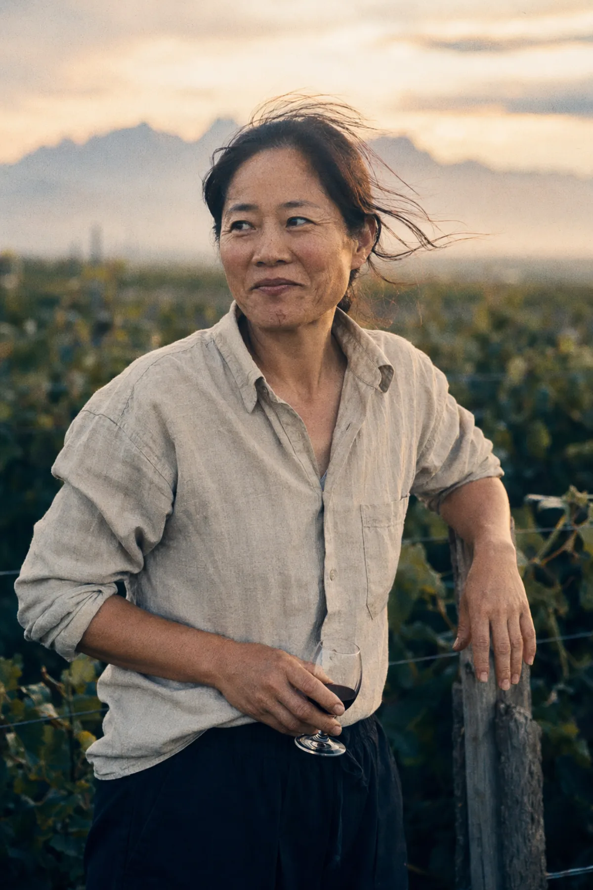 L. Wen, founder — a portrait at first light in a vineyard row