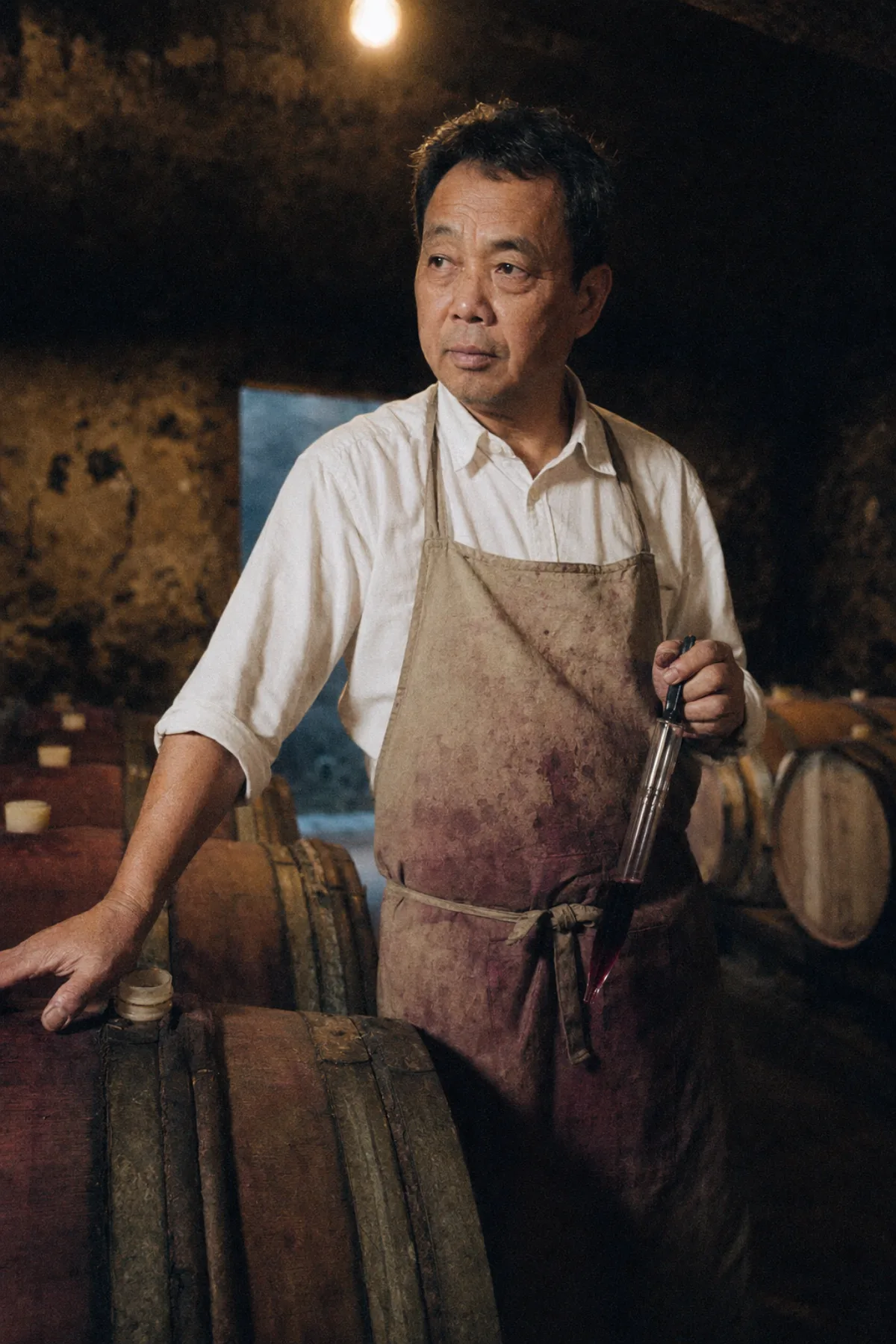 Y. Zhao, cellar master — inside the stone cellar with a wine thief
