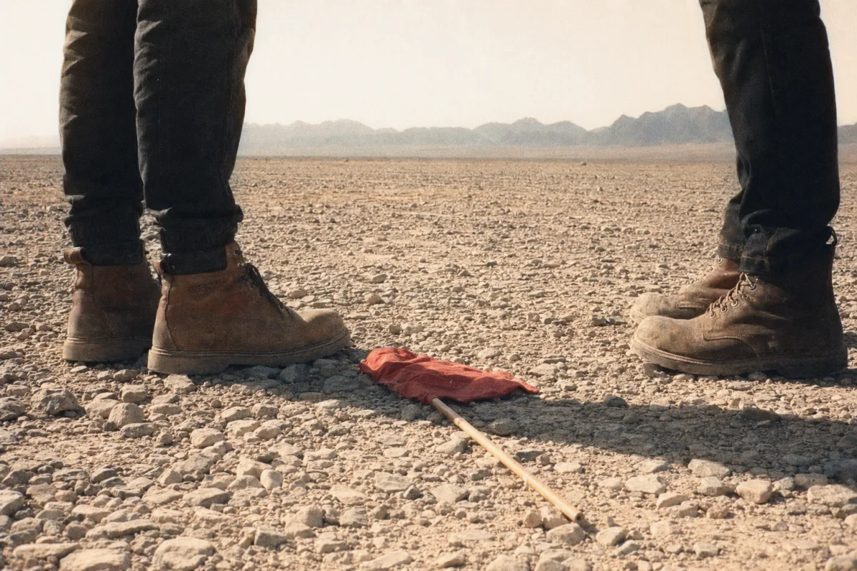 Two pairs of dusty work boots standing on alluvial gravel