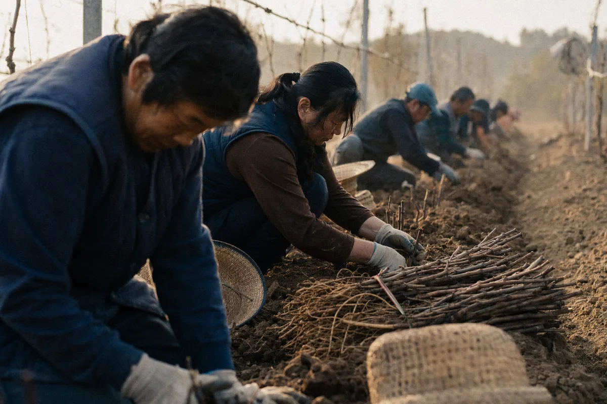 Workers planting bare-rooted cabernet vines in a freshly dug row