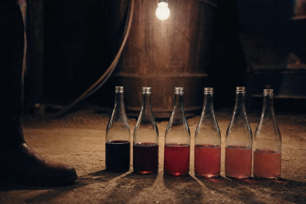 Six unlabelled bottles of young red wine lined up in a dim barn