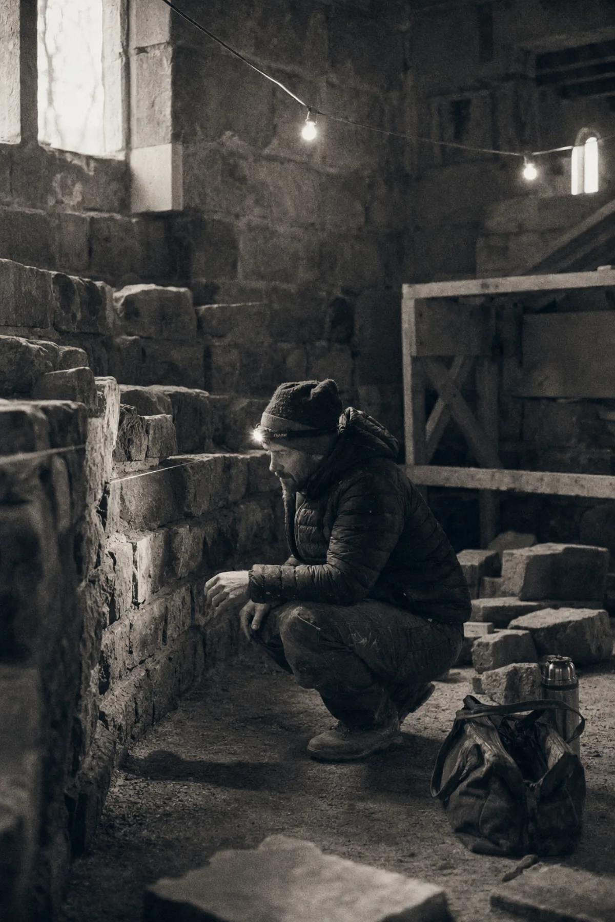 Stone cellar mid-construction in winter