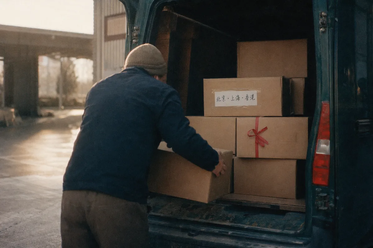 Unlabelled wine boxes being loaded into a dark-green van