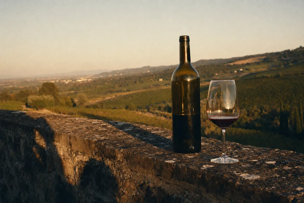 A single bottle and one glass on a stone wall overlooking the vineyard