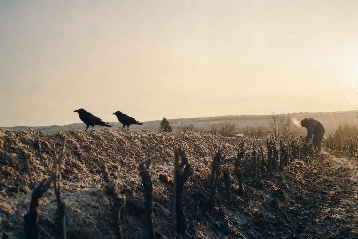 Vineyard rows in winter, vines buried under mounds of pale frozen soil