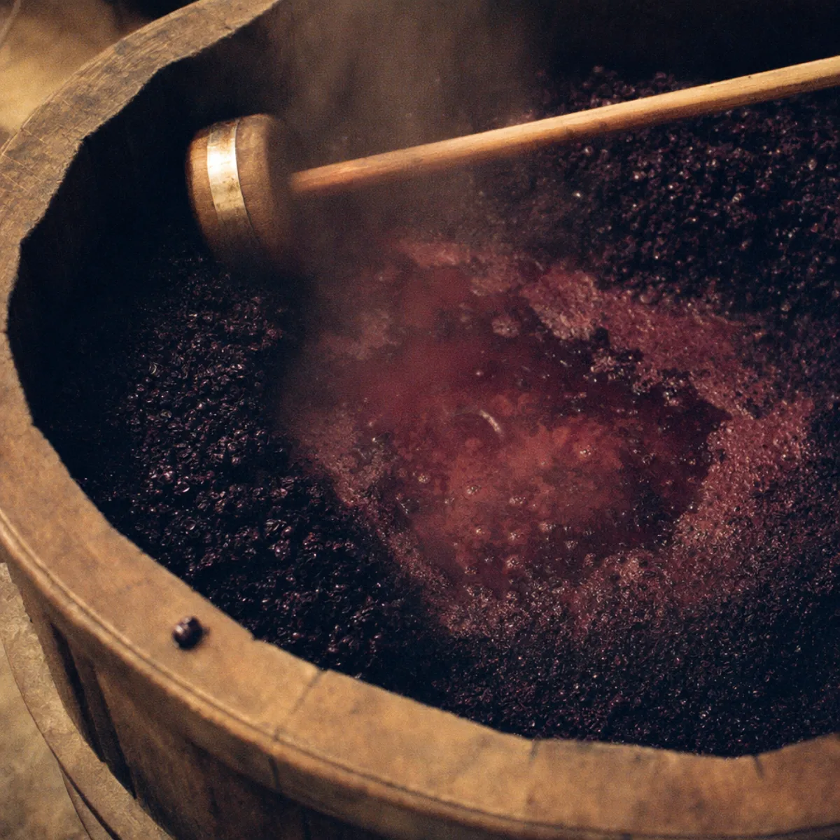Top-down view into an open oak fermentation vat after punch-down